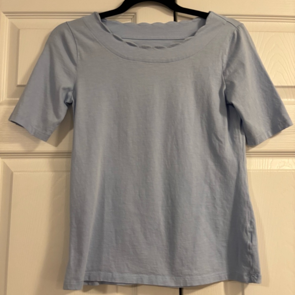 Talbots Petite Light Blue Scoop Neck Tee with Scalloped Collar